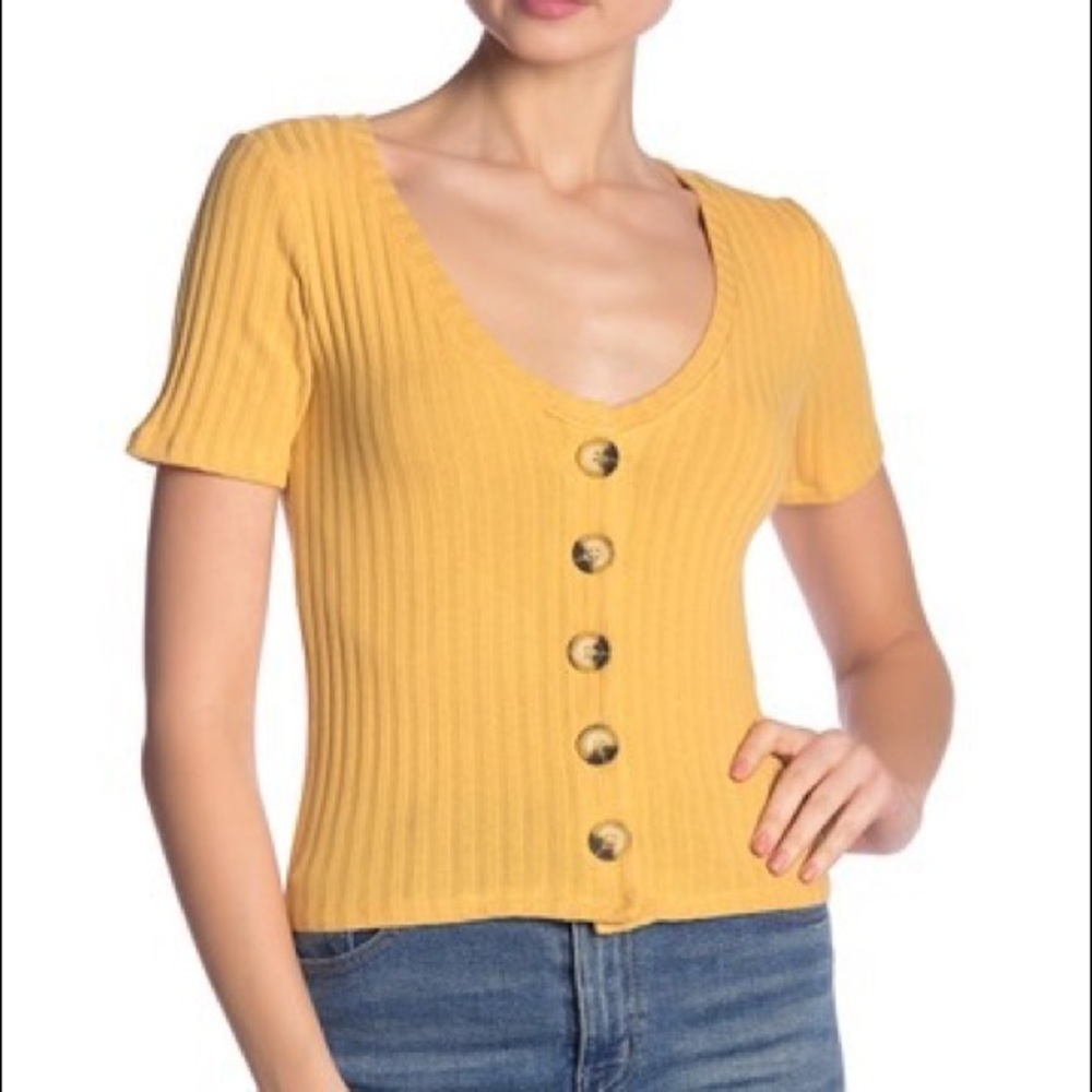 | Ribbed V-Neck Button Front Tee |